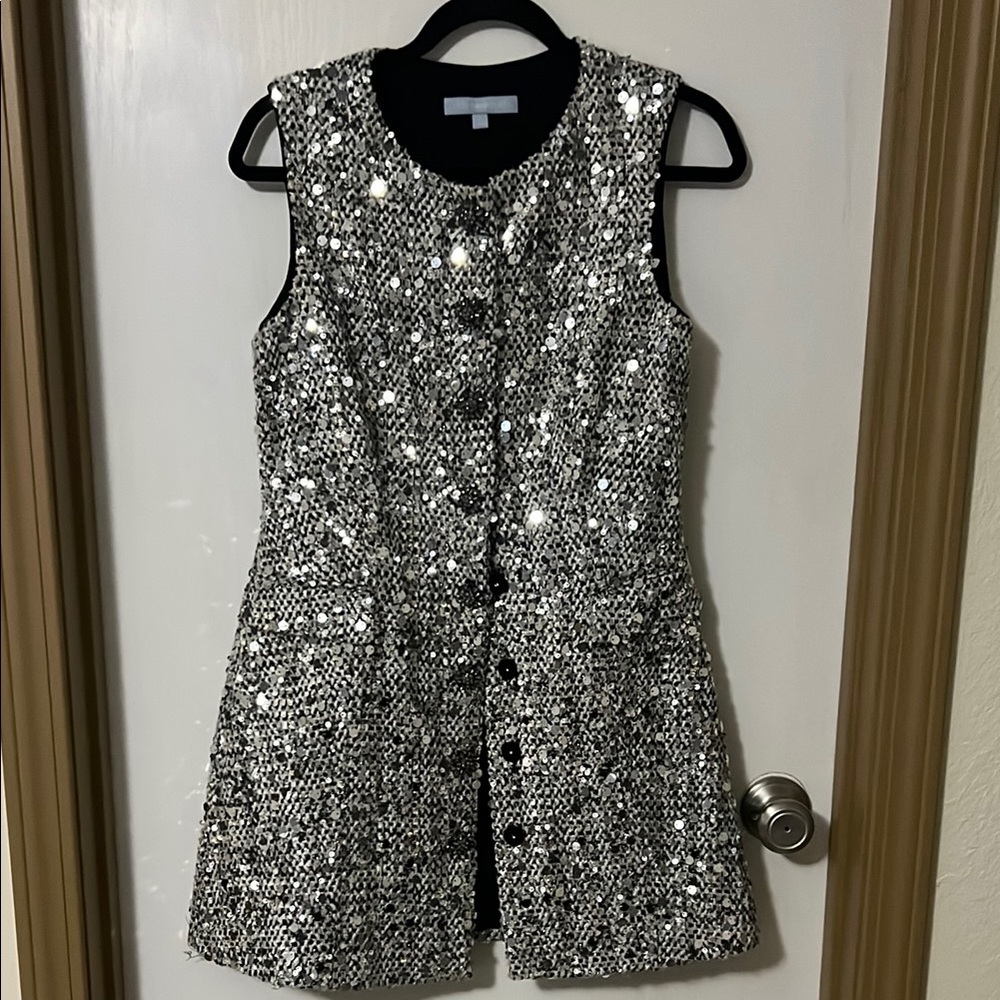 Silver Sequin Tweed Sleeveless Dress